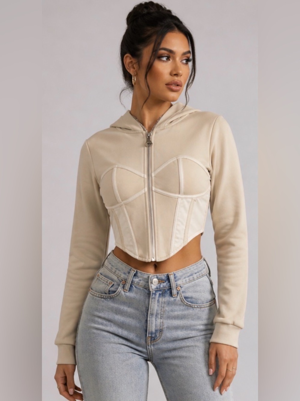 Manière De Voir Corset Style Cropped Jacket Beige Zip Up Fitted Size 6